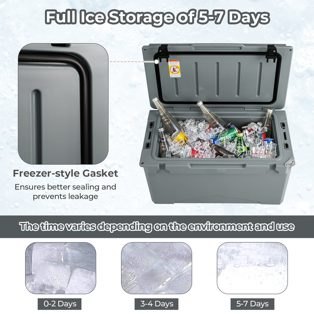 50 QT gray rotomolded cooler with ice storage for 5-7 days, featuring integrated cup holders and leak-proof design.