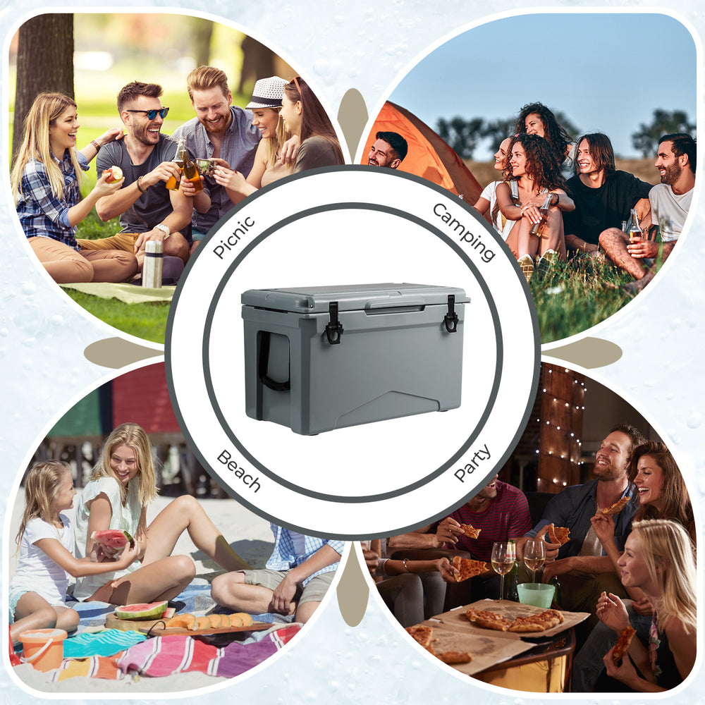 50 QT gray rotomolded cooler with integrated cup holders, ideal for camping, picnics, and beach outings.