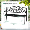 Black 50-inch outdoor cast iron metal patio bench with floral design backrest, slatted seat, and 670 lbs weight.
