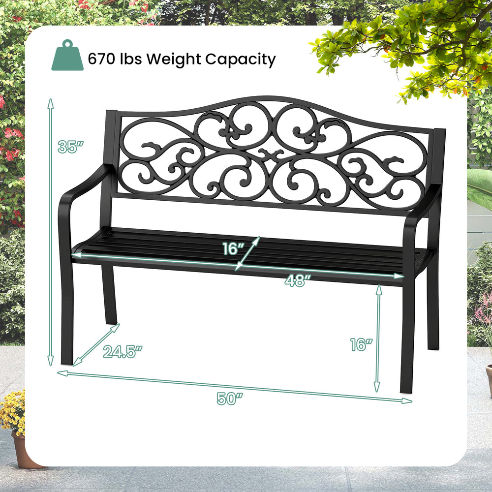Black 50-inch outdoor cast iron metal patio bench with floral design backrest, slatted seat, and 670 lbs weight.