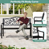 Outdoor cast iron metal patio bench with floral design backrest, ergonomic curved armrests, and slatted seat for.