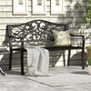 Black 50-inch outdoor cast iron patio bench with floral design backrest, slatted seat, and cozy cushions for garden use.