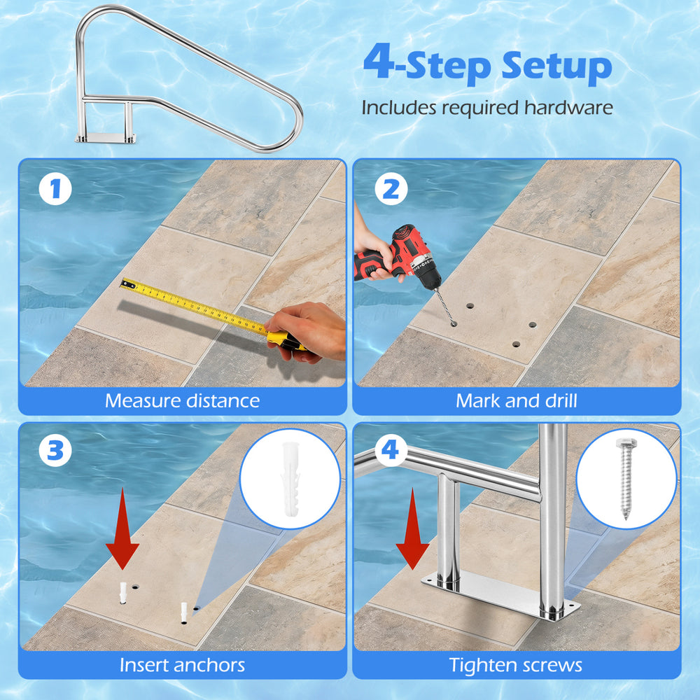 50 x 30 inch stainless steel pool handrail setup instructions, highlighting installation steps for secure mounting.