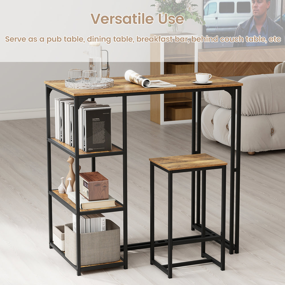 Bar-height dining table set in rustic brown with 2 stools and 3 storage shelves, ideal for small spaces.