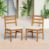 Two outdoor wooden dining chairs with padded seat cushions, crafted from acacia wood, ideal for patios and gardens.