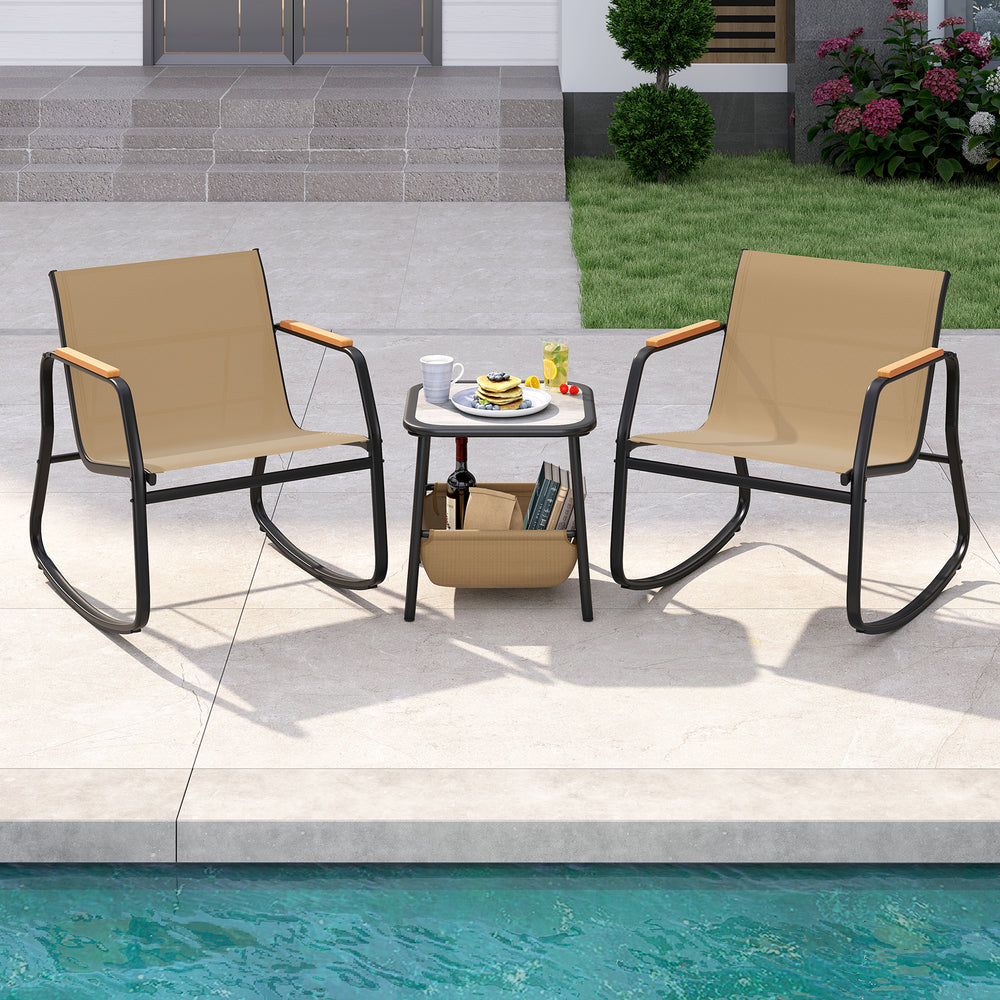 3-piece rocking bistro set featuring brown chairs and a side table with storage, perfect for outdoor relaxation by the.