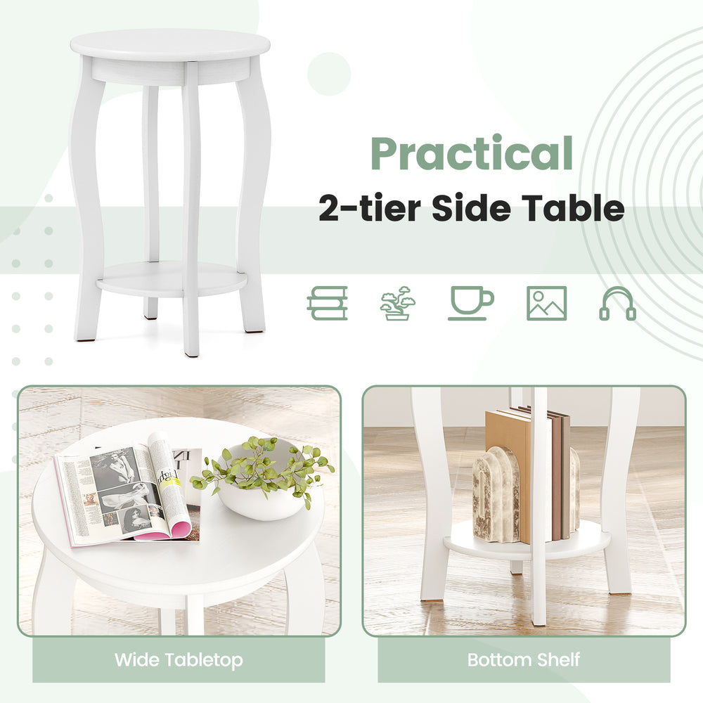 Round 2-tier side table in white with rubber wood legs and storage shelf, perfect for living room or bedroom use.