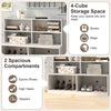 Entryway shoe cabinet in white featuring 4-cube storage and 2 spacious compartments for shoes and accessories.