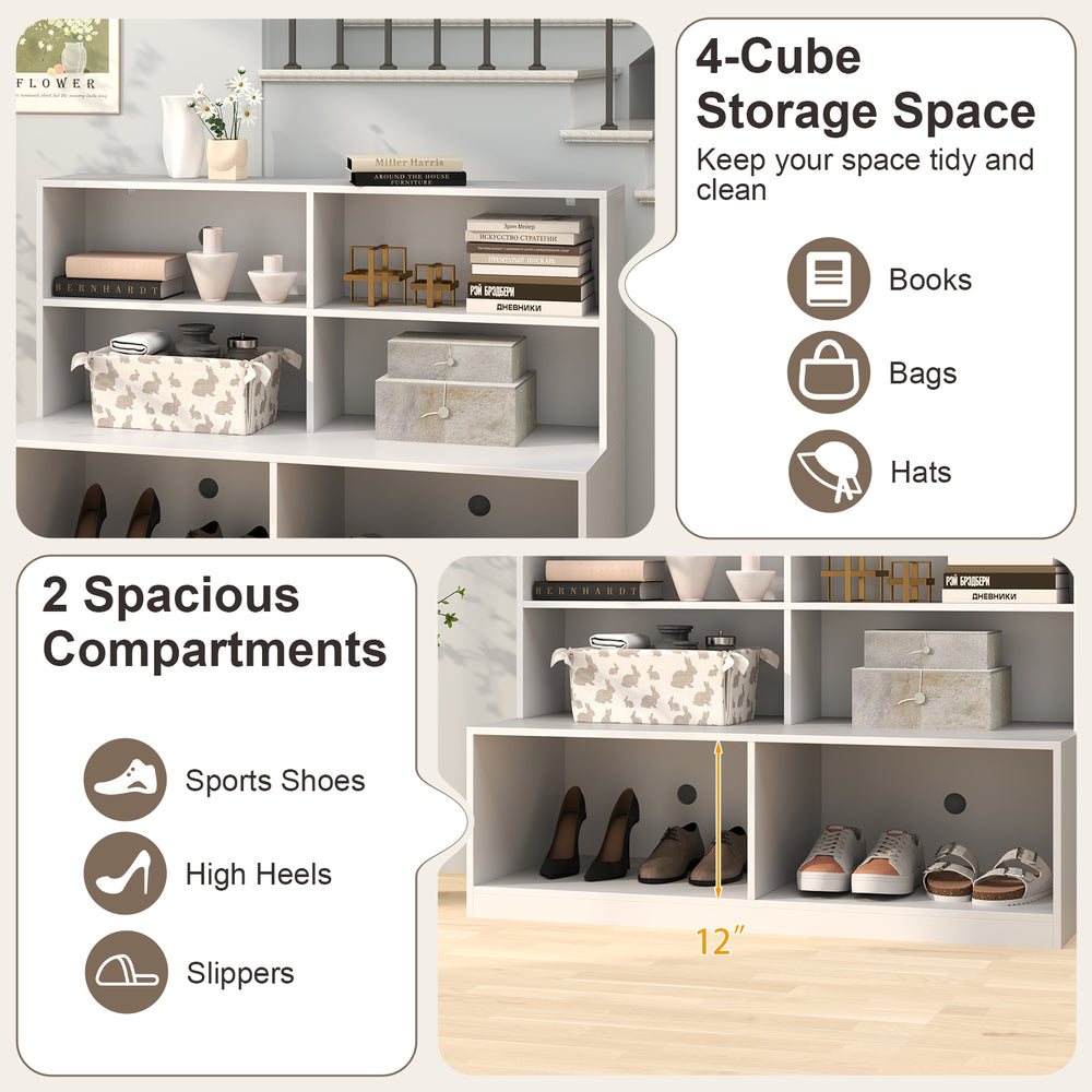 Entryway shoe cabinet in white featuring 4-cube storage and 2 spacious compartments for shoes and accessories.