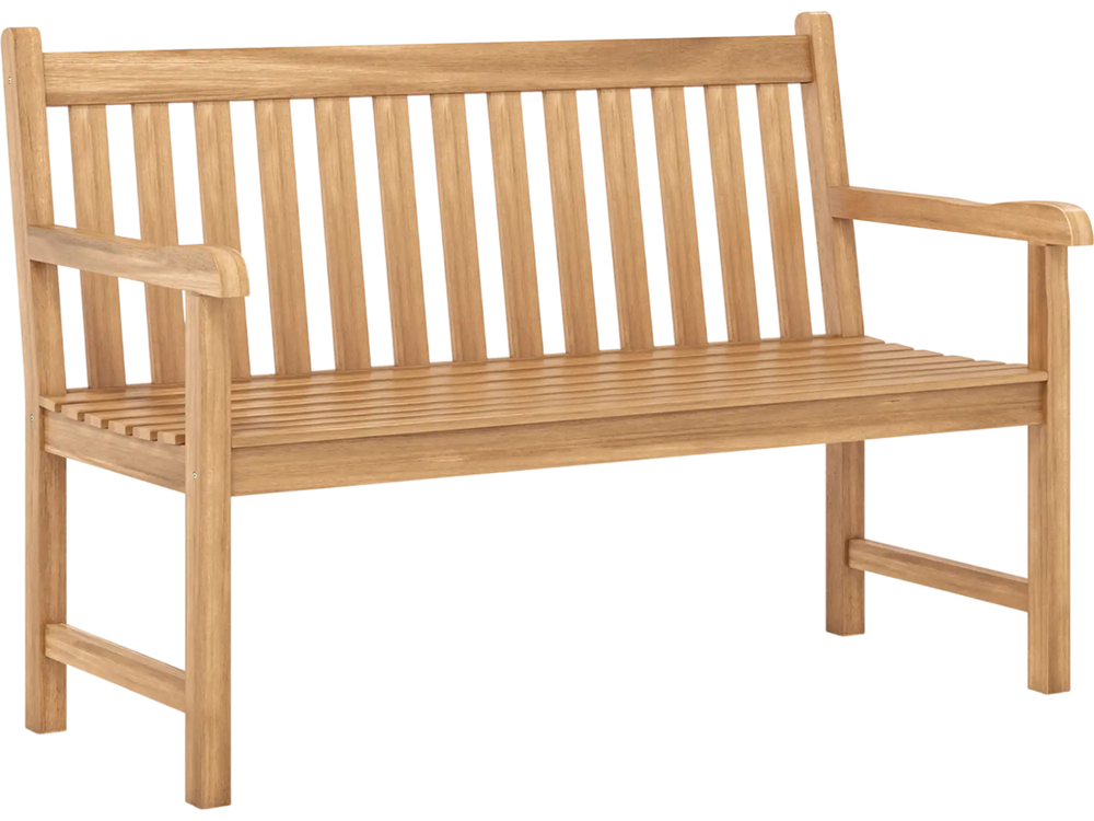 Teak outdoor porch bench with armrests, 3-seat capacity, ergonomic design for patio or garden use.