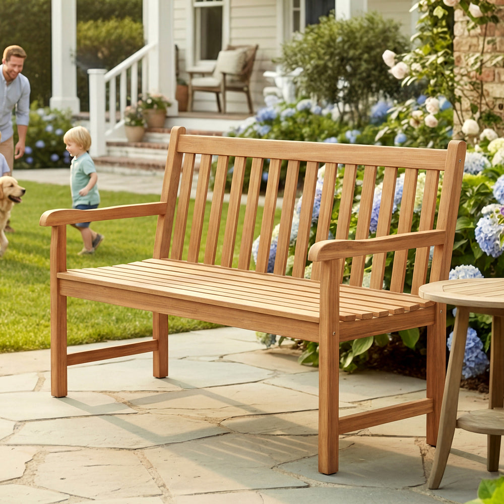 Solid teak wood 51-inch outdoor porch bench with a contoured seat and stable construction, ideal for backyard.