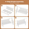 Teak outdoor porch bench assembly instructions showing 4 simple steps for easy setup of a 3-seat solid wood bench.