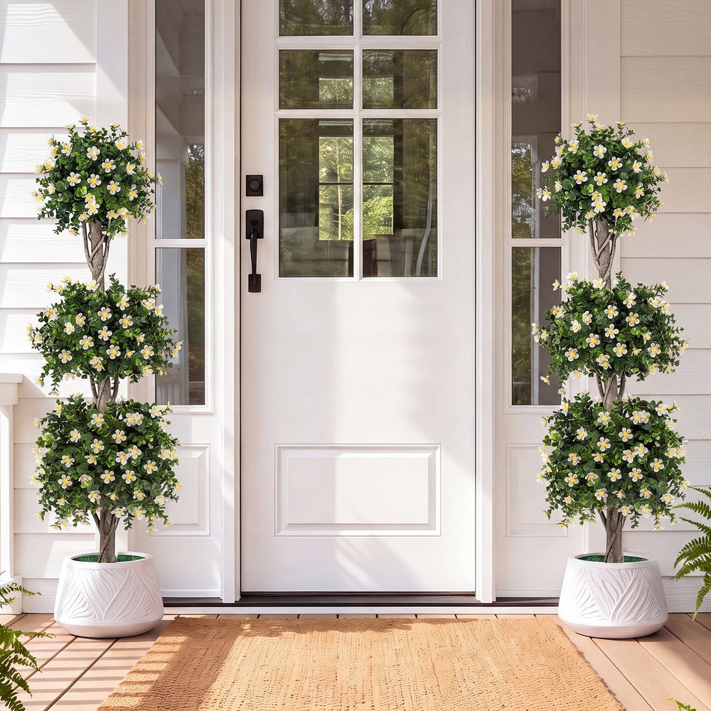 51" artificial topiary tree with three sun-resistant topiary balls in weighted pots, perfect for enhancing front porches.