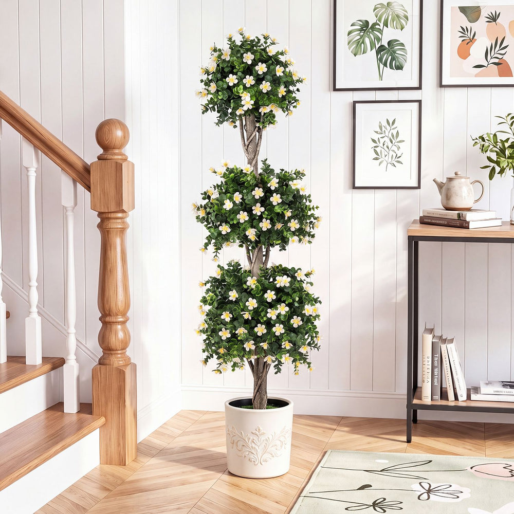 51" artificial topiary tree with three sun-resistant topiary balls and white blossoms, perfect for home or office decor.
