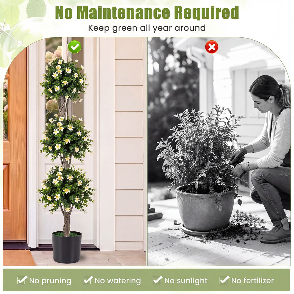 51" artificial topiary tree with three sun-resistant topiary balls and white blossoms, perfect for maintenance-free decor.