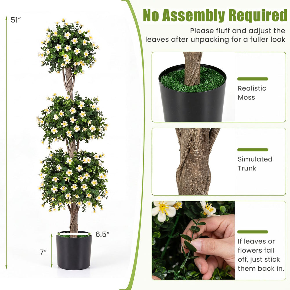 Artificial 51" topiary tree with three sun-resistant balls and white blossoms, perfect for home or office decoration.