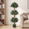 Artificial 51" triple ball boxwood topiary tree with purple blossoms, perfect for living rooms or office decor.