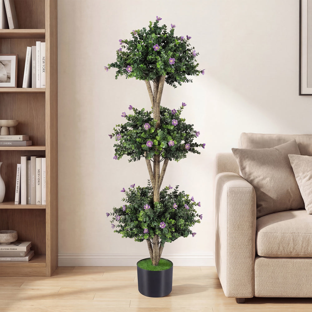 Artificial 51" triple ball boxwood topiary tree with purple blossoms, perfect for living rooms or office decor.
