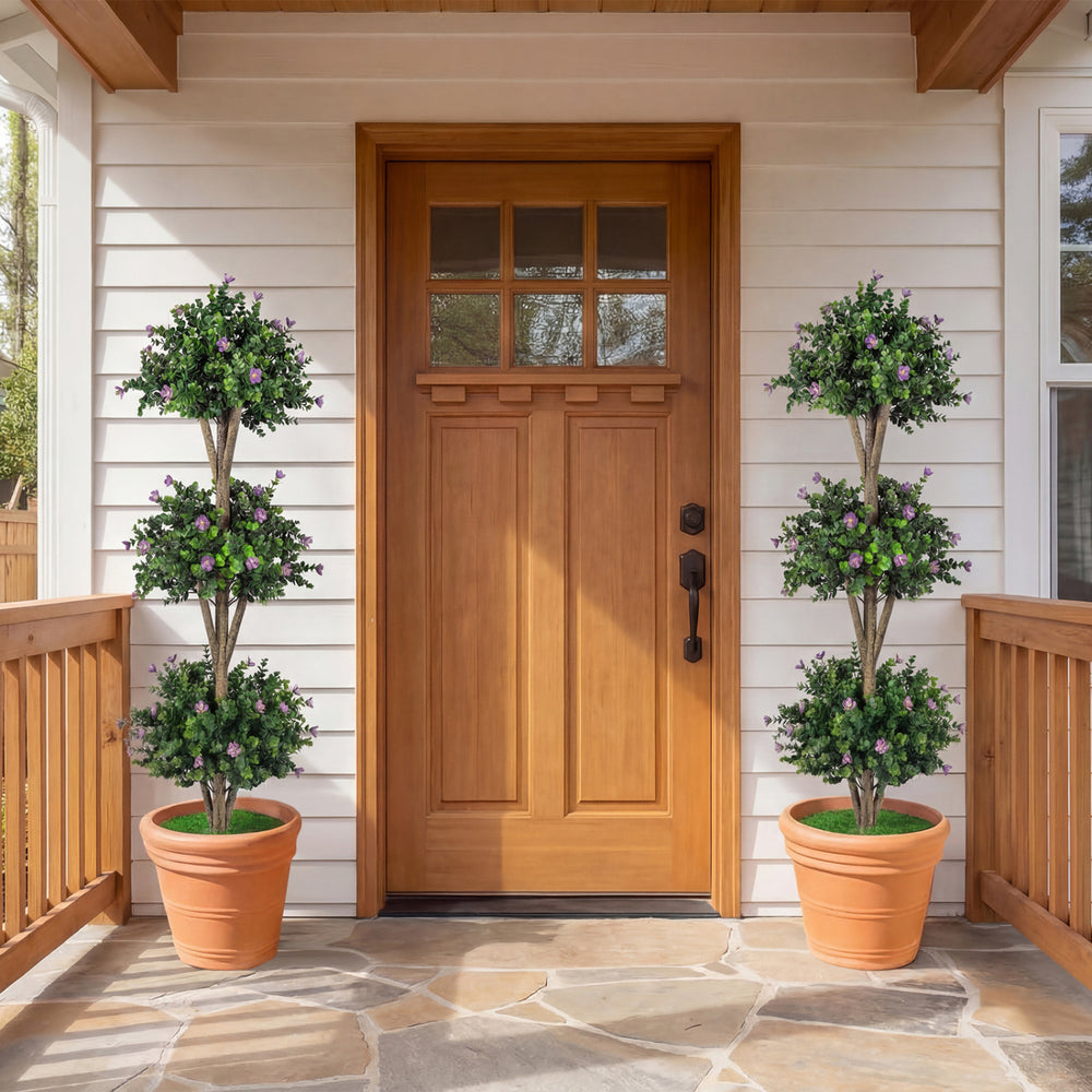51" artificial triple ball boxwood topiary tree with purple blossoms in cement-filled pots, perfect for front porch.