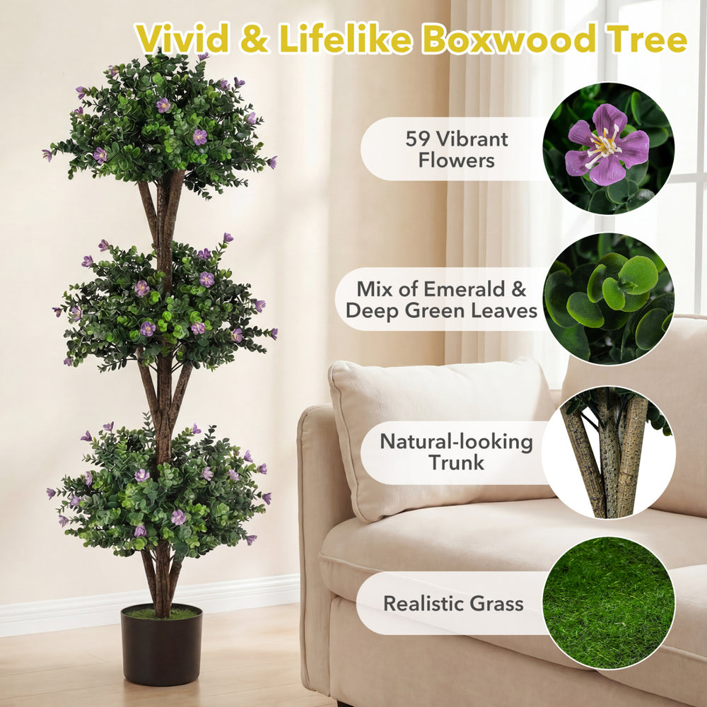 Artificial 51" triple ball boxwood topiary tree with 59 purple flowers, realistic trunk, and vibrant green leaves for.