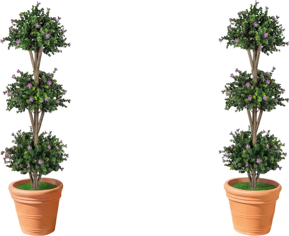 Set of 2 artificial triple ball boxwood topiary trees with purple blossoms, perfect for enhancing front porch decor.