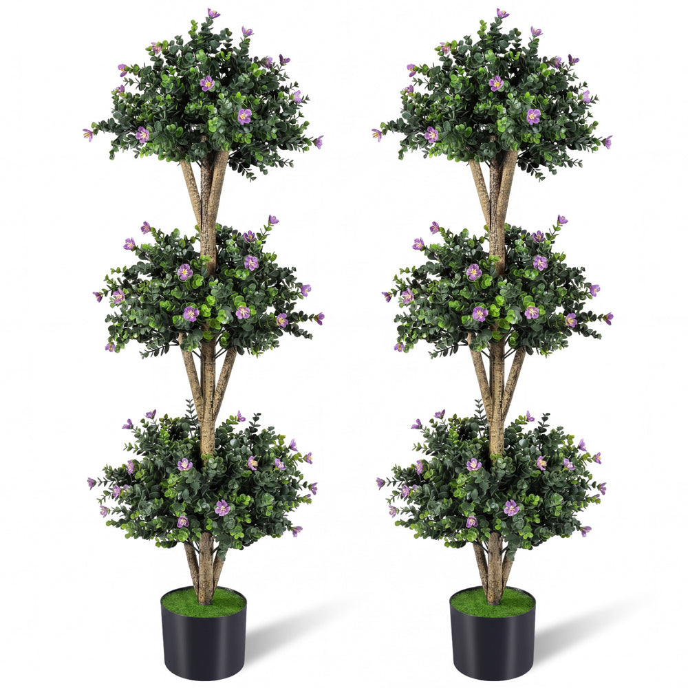 Artificial triple ball boxwood topiary tree set of 2 with purple blossoms, ideal for indoor or outdoor decoration.