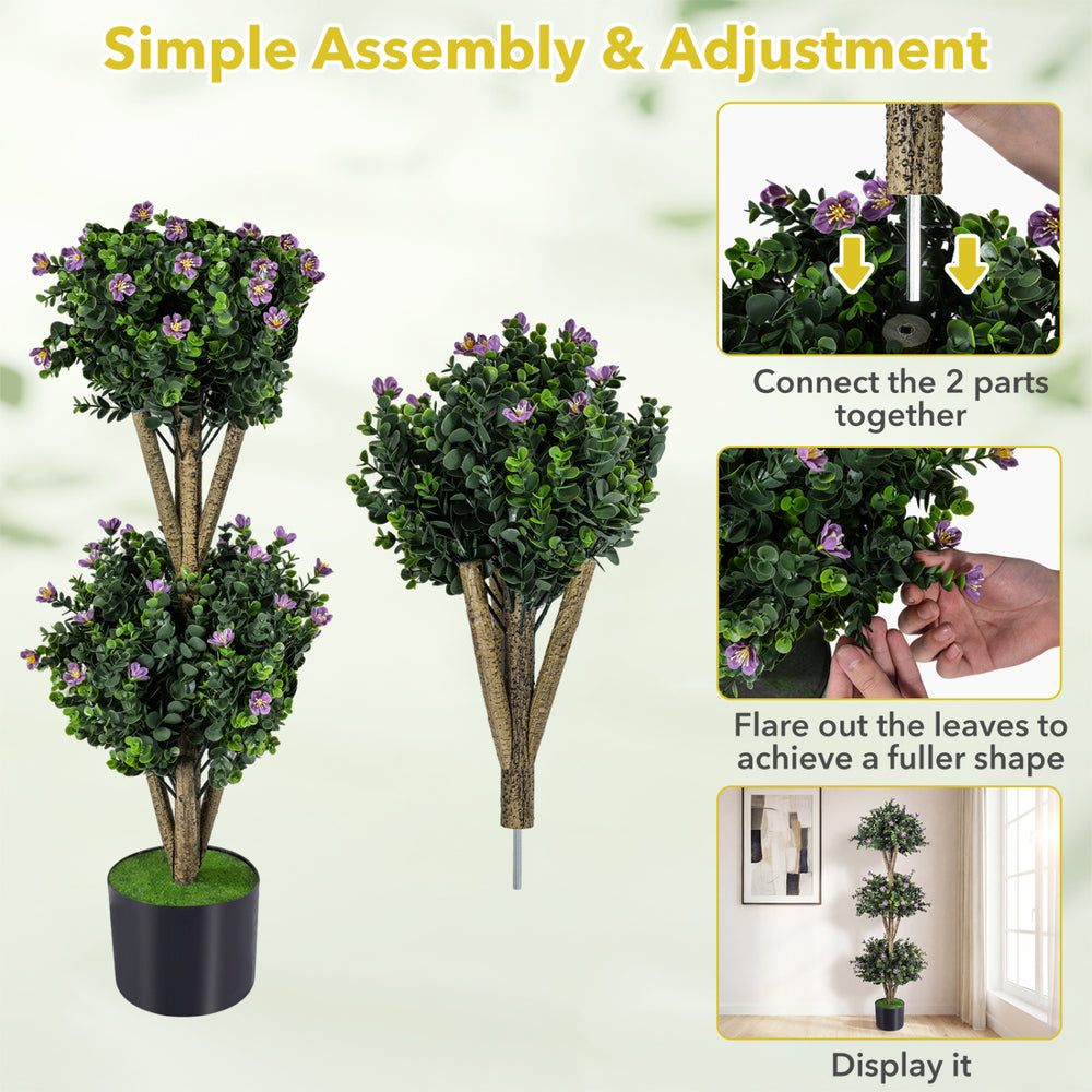 Artificial triple ball boxwood topiary tree set of 2 with purple blossoms, perfect for indoor or outdoor decoration.