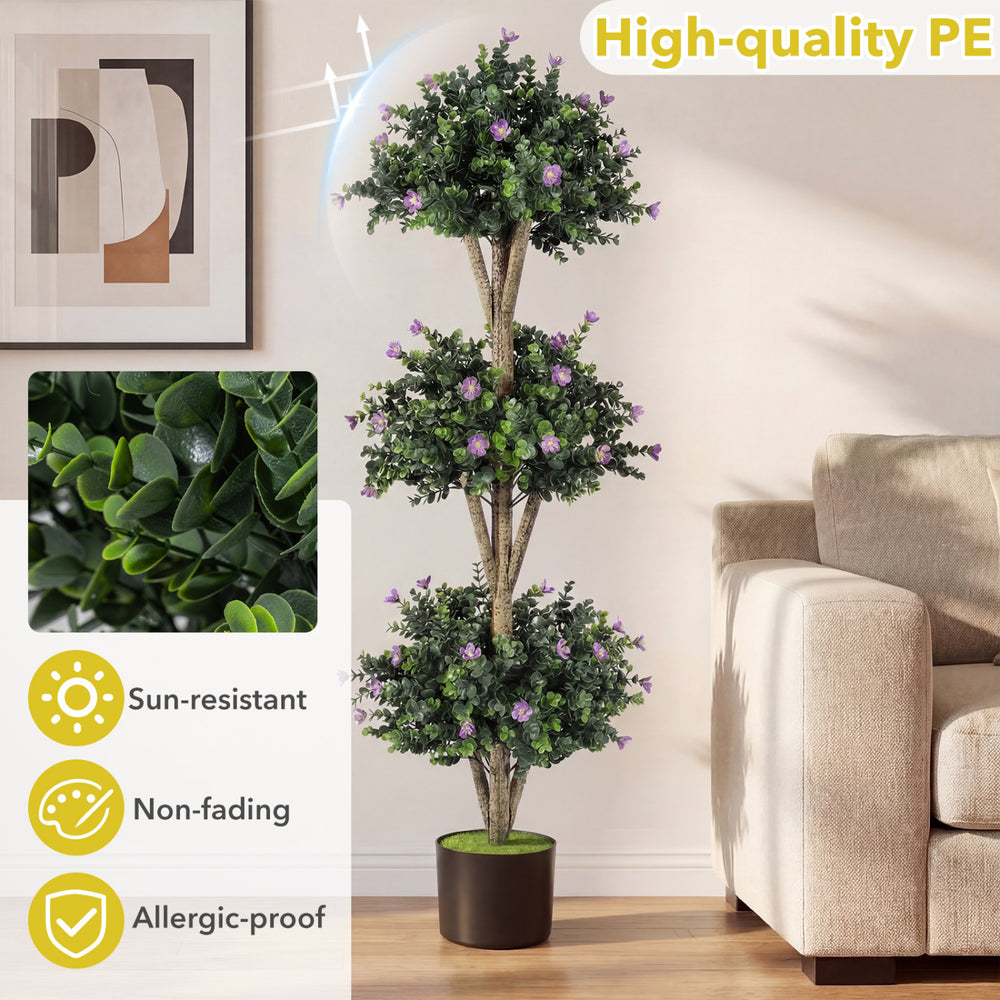 Artificial triple ball boxwood topiary tree with purple blossoms, made of sun-resistant PE, perfect for indoor or.