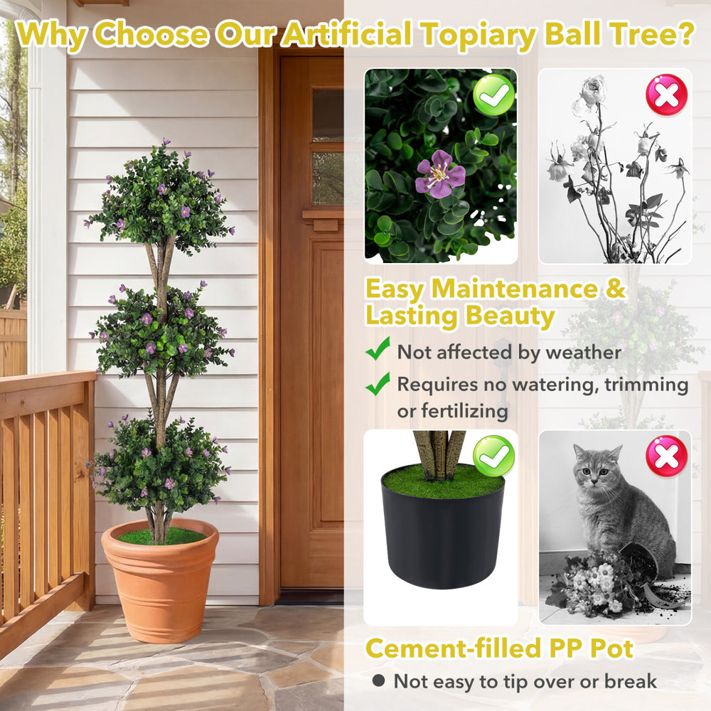 51" artificial triple ball boxwood topiary tree in a cement-filled pot, featuring 59 vibrant purple blossoms for easy.