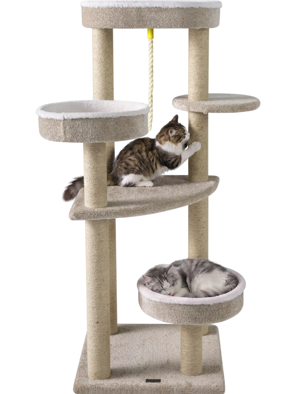 Carpeted cat tree with plush perches in beige, featuring multiple levels for indoor cats to climb and relax.