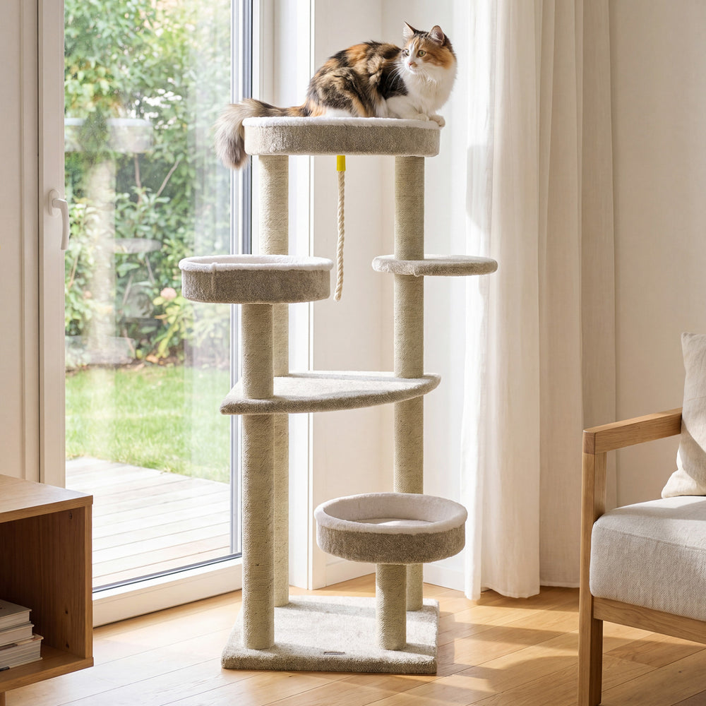 51" carpeted cat tree in beige with plush perches, featuring a cat lounging on the top level for indoor use.