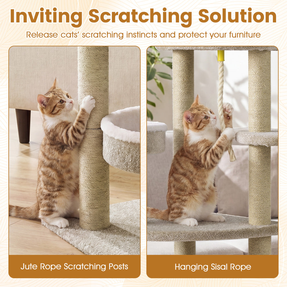 Carpeted cat tree featuring jute rope scratching posts and plush perches for indoor cats in beige color.