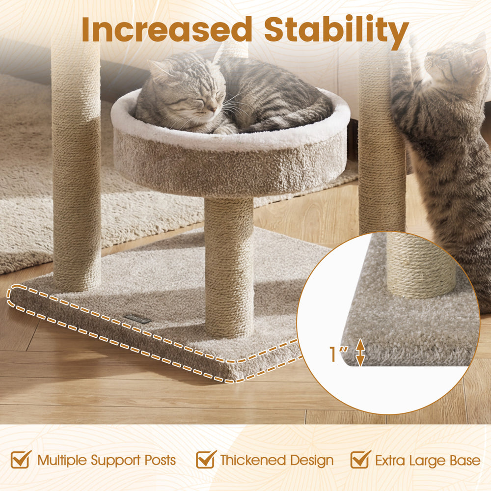 Carpeted cat tree featuring comfy plush perches, multiple support posts, and an extra-large base for stability.