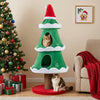 Christmas tree-shaped cat tree in green with two cozy condos and a scratching post, ideal for holiday pet decor.