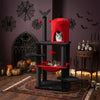 Gothic multi-level cat tree in black and red with perches, hammock, and spider toy for playful Halloween-themed decor.