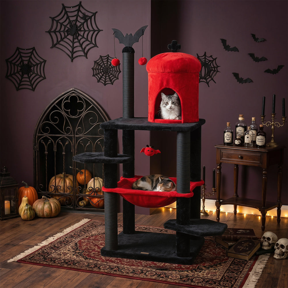 51” Gothic Multi-level Cat Tree with Spider Hanging Toy for Black Halloween-Red - Gallery View 1 of 11