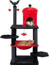 Gothic multi-level cat tree in black and red with castle house, hammock, and spider toy for playful cats.
