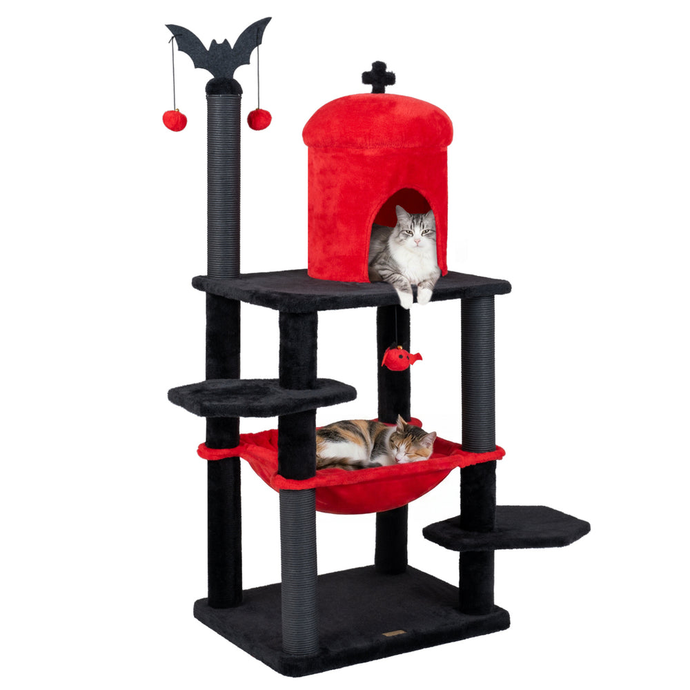 Gothic multi-level cat tree in black and red with a castle house, hammock, and dangling toys for playful cats.