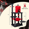 Gothic multi-level cat tree in black and red, featuring a castle house, hammock, and spider toy for playful cats.
