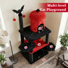 Multi-level Gothic cat tree in black and red with hammock, perches, and spider toy for playful Halloween fun.