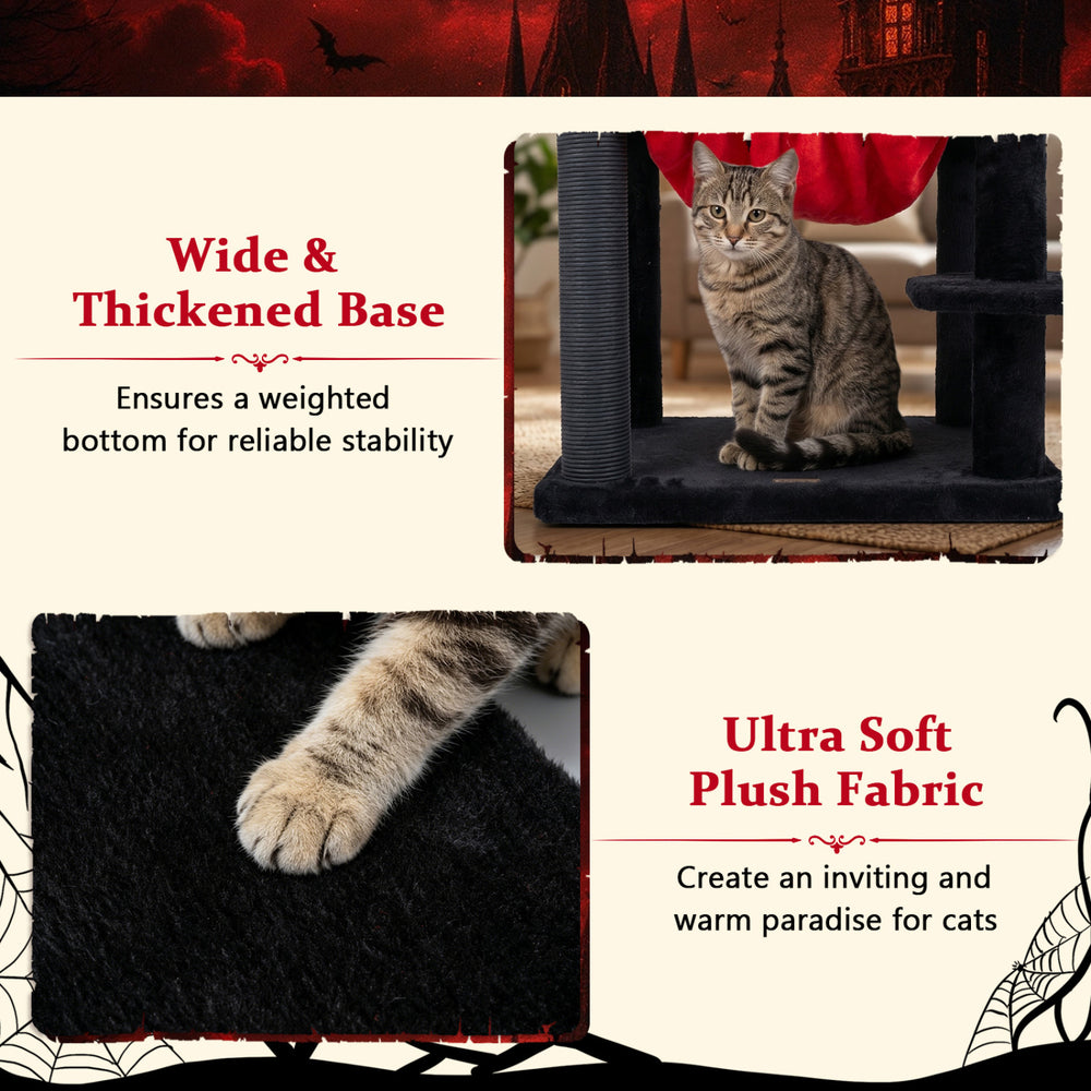Gothic multi-level cat tree featuring a wide base, plush fabric, and spider toy, perfect for Halloween-themed playtime.