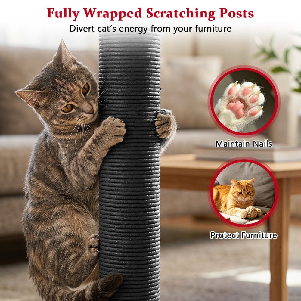 Multi-level cat tree with spider toy, plush fabric, and fully wrapped scratching posts for playful and cozy cat.
