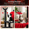 Gothic multi-level cat tree featuring a spider toy and dangling pompoms, perfect for playful and cozy cat lounging.