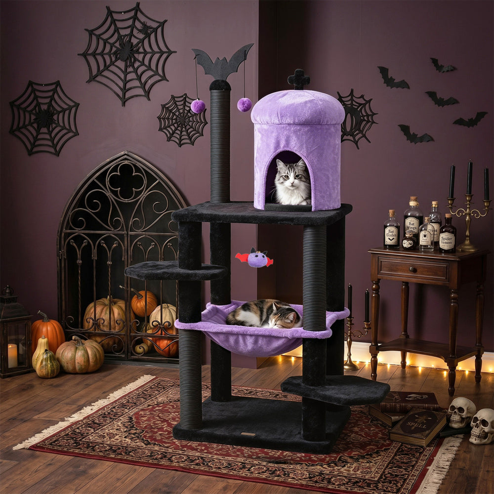 51” Gothic Multi-level Cat Tree with Spider Hanging Toy for Black Halloween-Purple - Gallery View 1 of 11