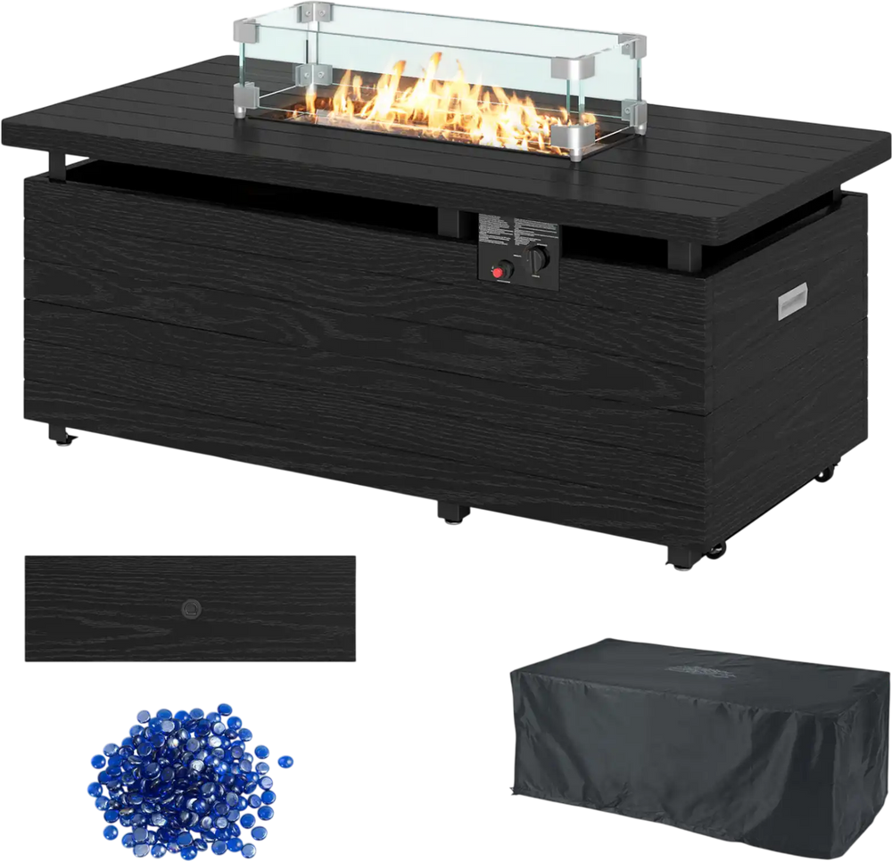 Black 51-inch propane fire pit table with tempered glass wind guard, offering 50,000 BTU for outdoor warmth and style.
