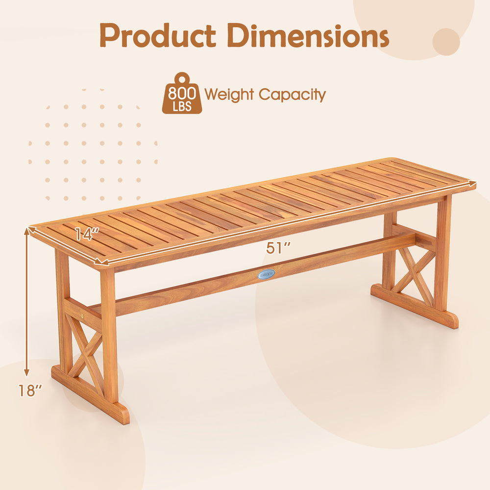 Dimensions of the 51-inch outdoor acacia wood bench with slatted seat, 800 lbs capacity, ideal for patio or garden use.
