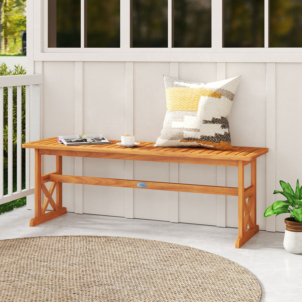 Acacia wood outdoor bench with slatted seat, 800 lbs capacity, ideal for garden or patio seating.