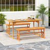 Outdoor acacia wood bench with slatted seat, 800 lbs capacity, perfect for patio or garden gatherings.