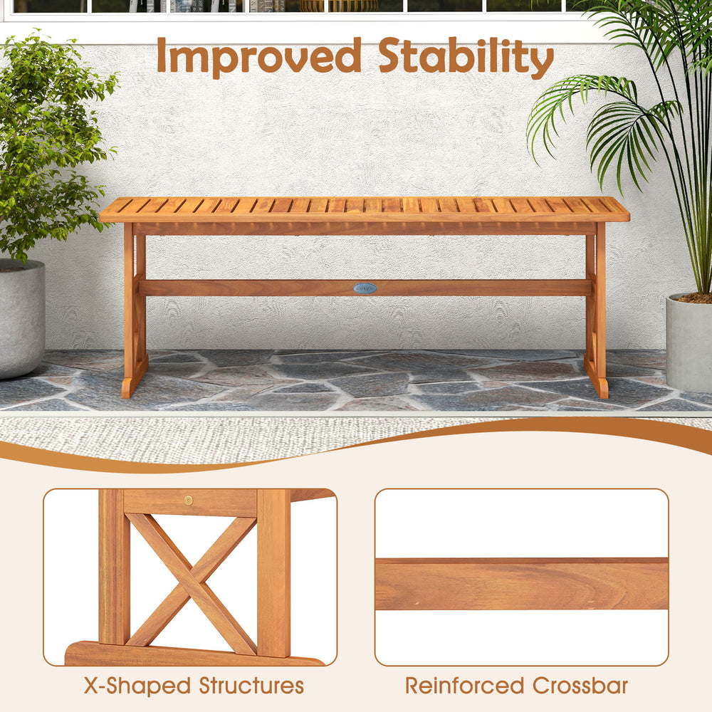 Acacia wood bench with slatted seat, 51 inches long, supports 800 lbs, ideal for outdoor patio or garden use.