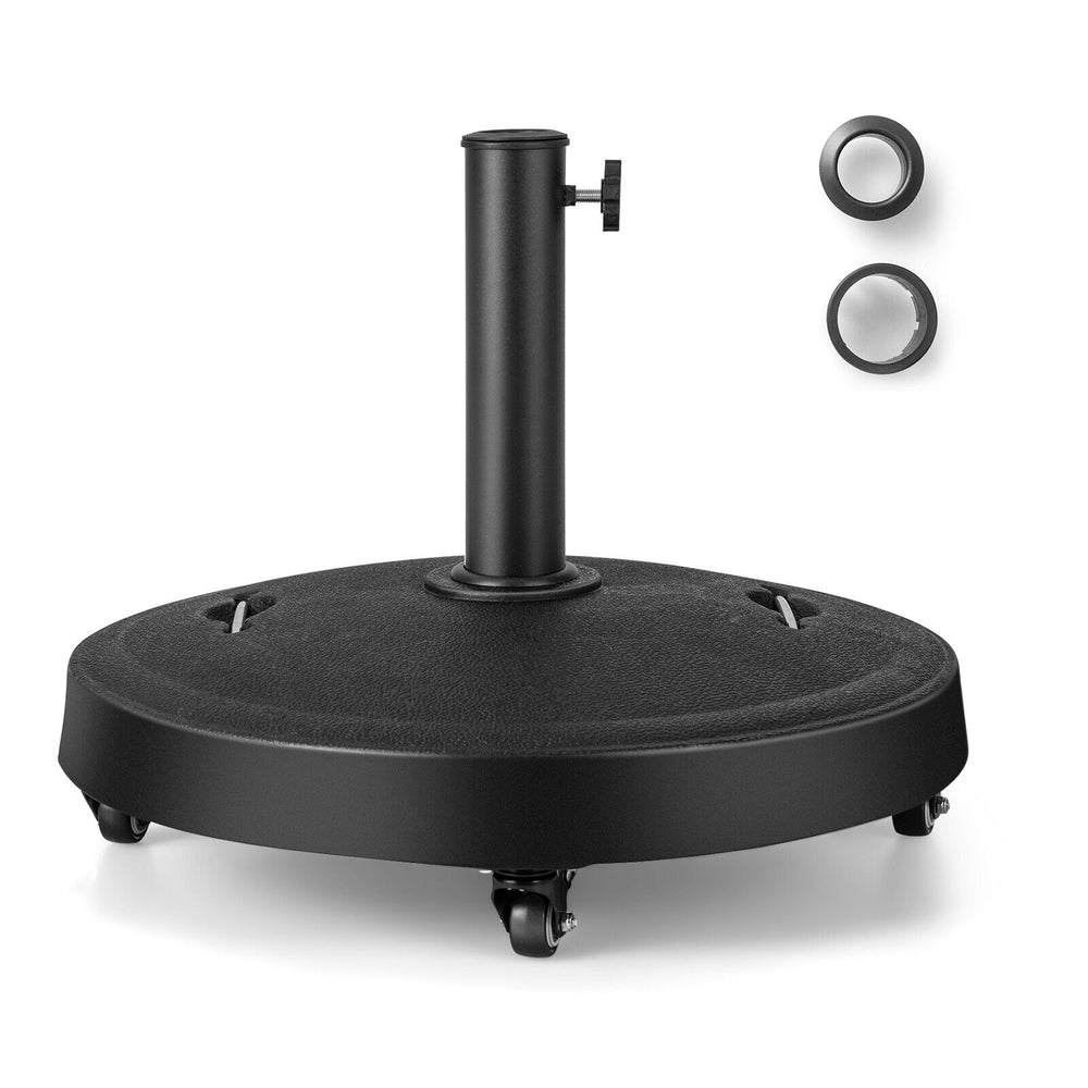Outdoor umbrella base with wheels and handles, 51LBS, made of durable resin, suitable for 38/48 mm pole diameters.